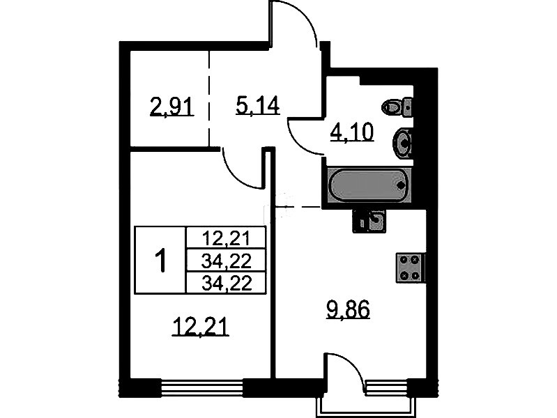 1-комнатная квартира 34.22 м², 5/17 эт., ЖК «Невская Долина»